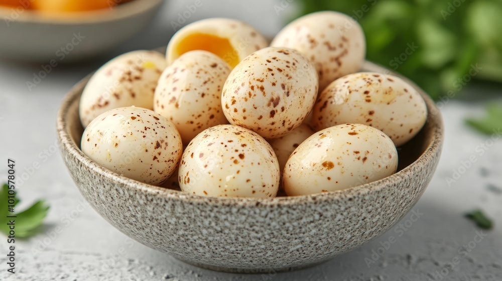 A bowl of speckled, hard-boiled eggs with one cracked open, revealing a bright yellow yolk. A bowl of speckled, hard-boiled eggs with one cracked open, revealing a bright yellow yolk.