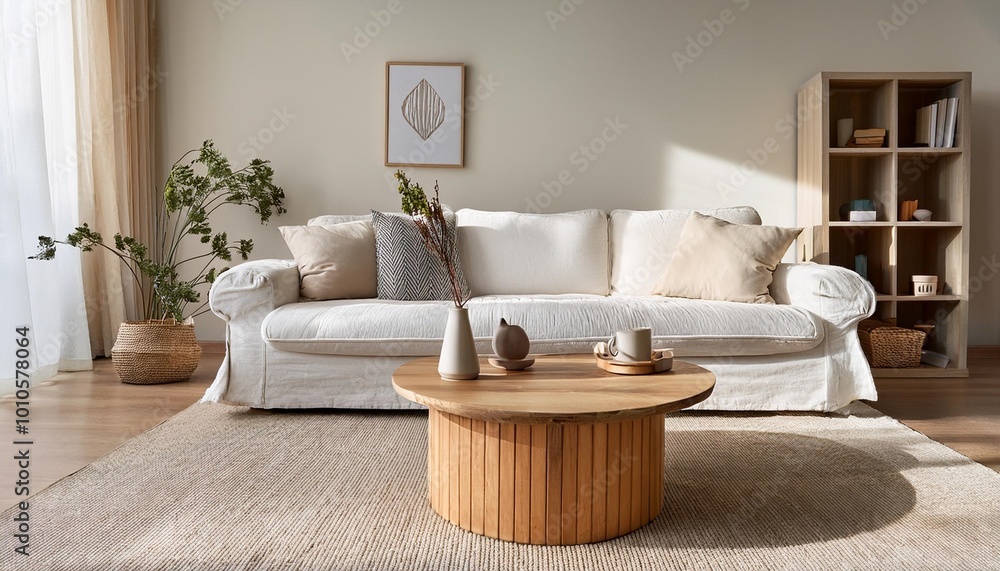 A serene and inviting space with neutral colors, natural light, and comfortable furnishings, adorned with dried flowers A serene and inviting space with neutral colors, natural light, and comfortable furnishings, adorned with dried flowers