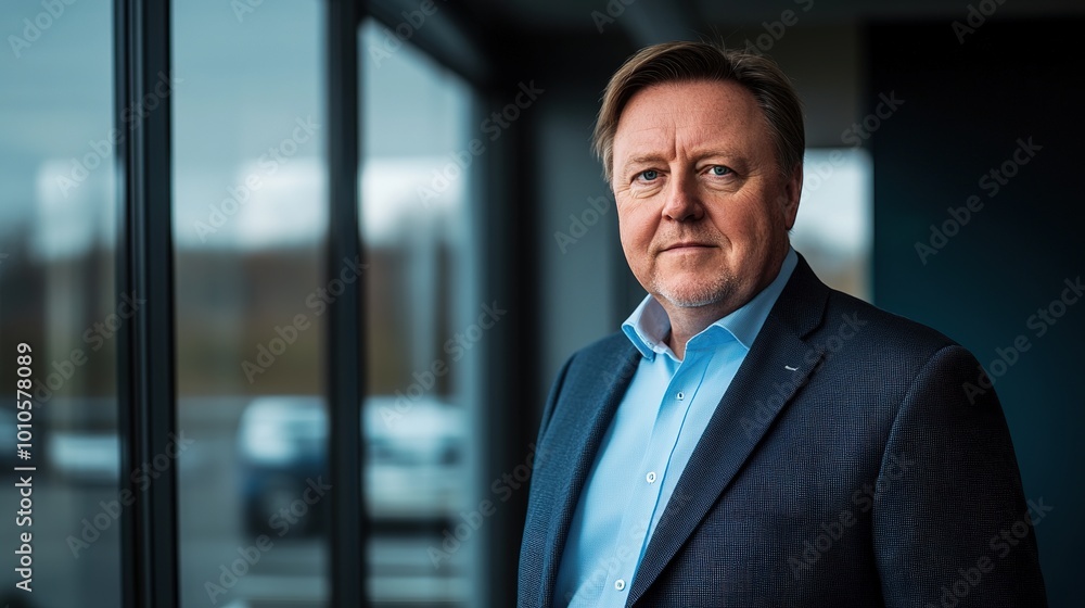 Confident CEO stands in front of modern office window, looking out with determined expression, symbolizing leadership and change. Confident CEO stands in front of modern office window, looking out with determined expression, symbolizing leadership and change.
