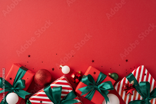 A collection of beautifully wrapped Christmas presents with green ribbons, set against a vibrant red backdrop, creating a festive and joyful holiday atmosphere photo