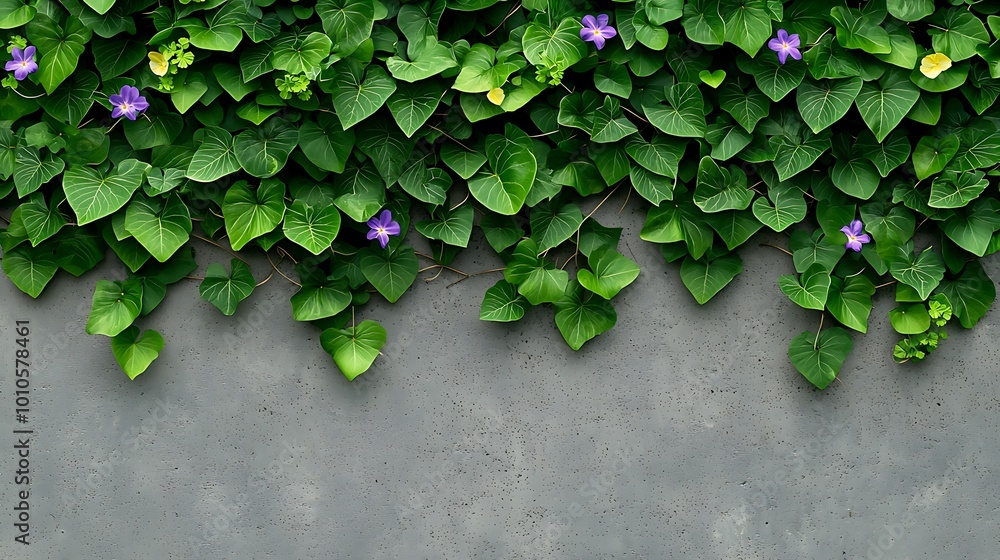 Green Ivy Vines on Concrete Wall with Purple Flowers Nature Background Green Ivy Vines on Concrete Wall with Purple Flowers Nature Background