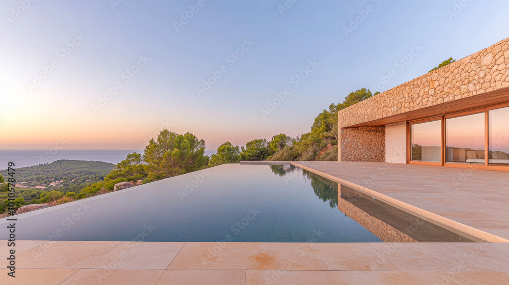 Elegant modern villa with infinity pool overlooking sunset ocean view in serene countryside Elegant modern villa with infinity pool overlooking sunset ocean view in serene countryside