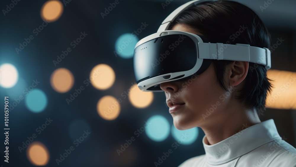 Woman Wearing VR Headset with Blurry Lights in Background Woman Wearing VR Headset with Blurry Lights in Background