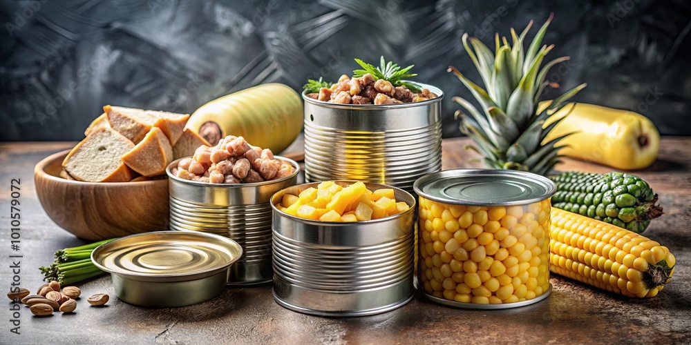 Fototapeta premium A variety of canned vegetables and grains in metal containers, showcasing the diversity of preserved foods.