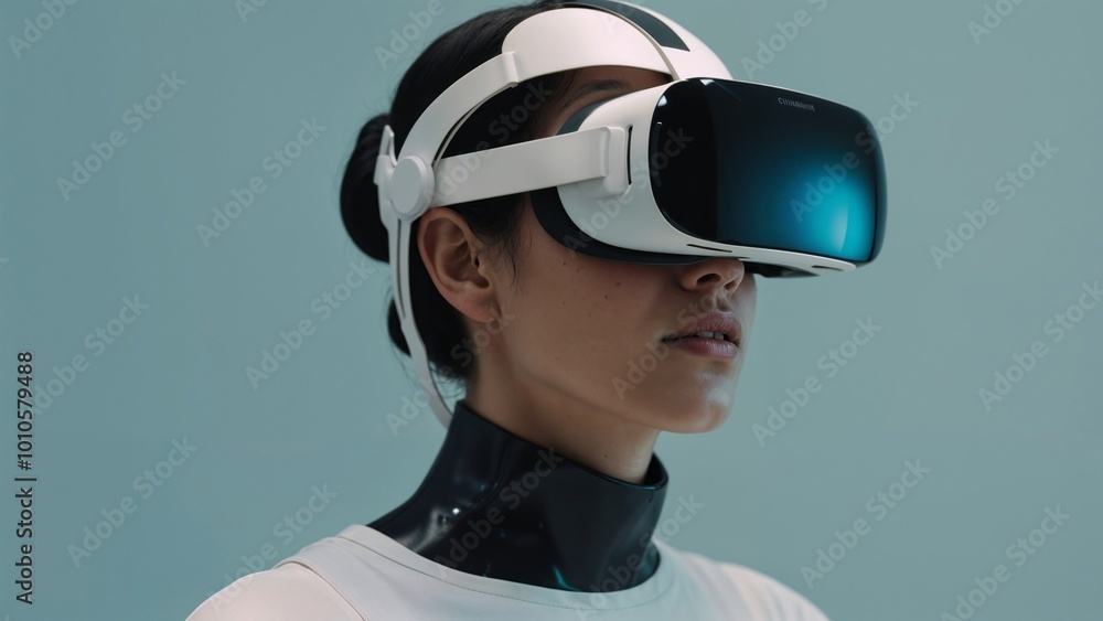Woman Experiencing Virtual Reality with Immersive Headset Woman Experiencing Virtual Reality with Immersive Headset