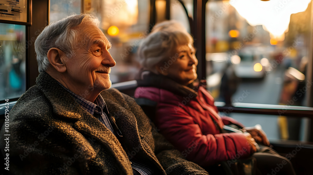 Senior Couple Riding Bus Window View Golden Hour Senior Couple Riding Bus Window View Golden Hour