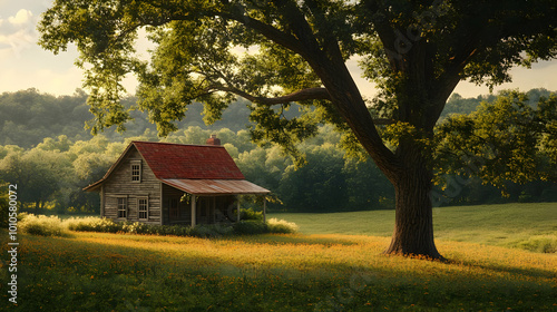 Rural Cabin Landscape Illustration