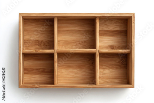 A wooden organizer with multiple compartments designed for storage and organization.