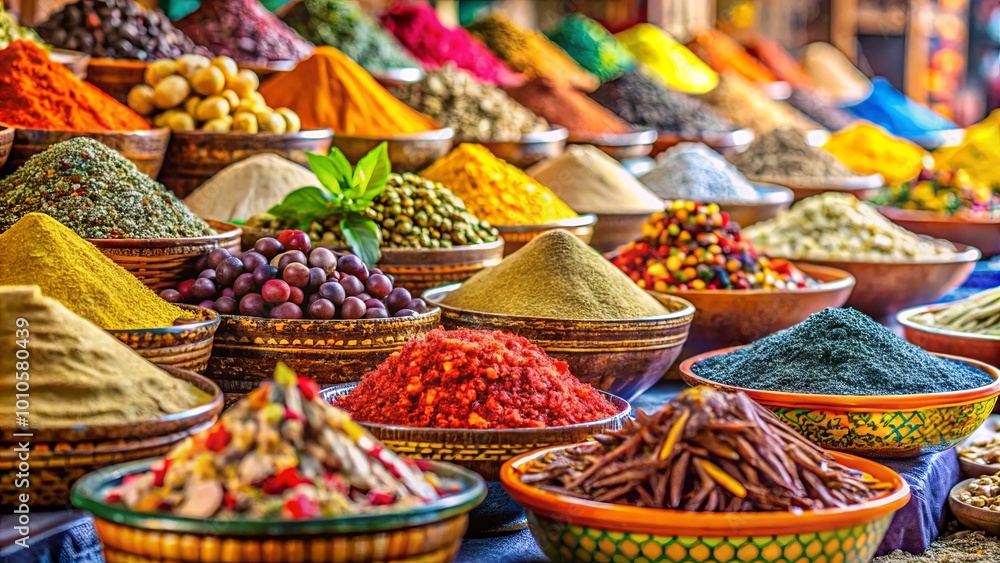 Fototapeta premium A vibrant display of colorful spices and herbs in traditional bowls, showcasing the rich and aromatic flavors of a bustling marketplace.