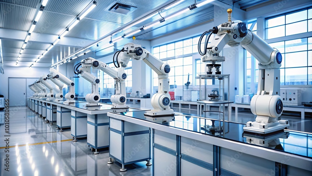 A row of robotic arms in a sterile laboratory setting, each meticulously performing a precise task, showcases the increasing automation of industrial processes. A row of robotic arms in a sterile laboratory setting, each meticulously performing a precise task, showcases the increasing automation of industrial processes.