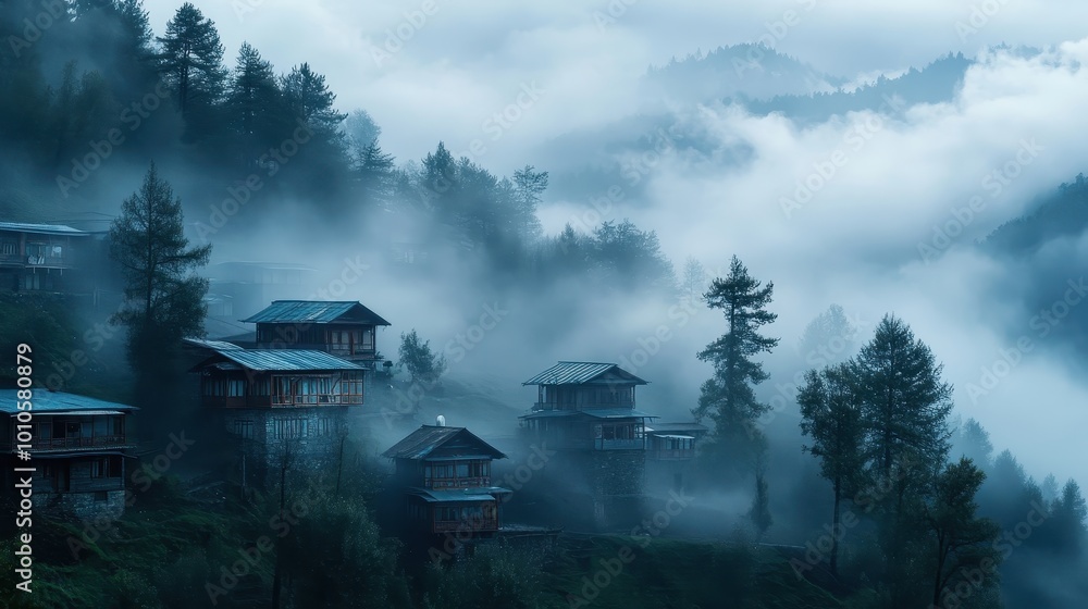 Fototapeta premium A serene landscape of misty mountains with wooden houses nestled among tall trees.