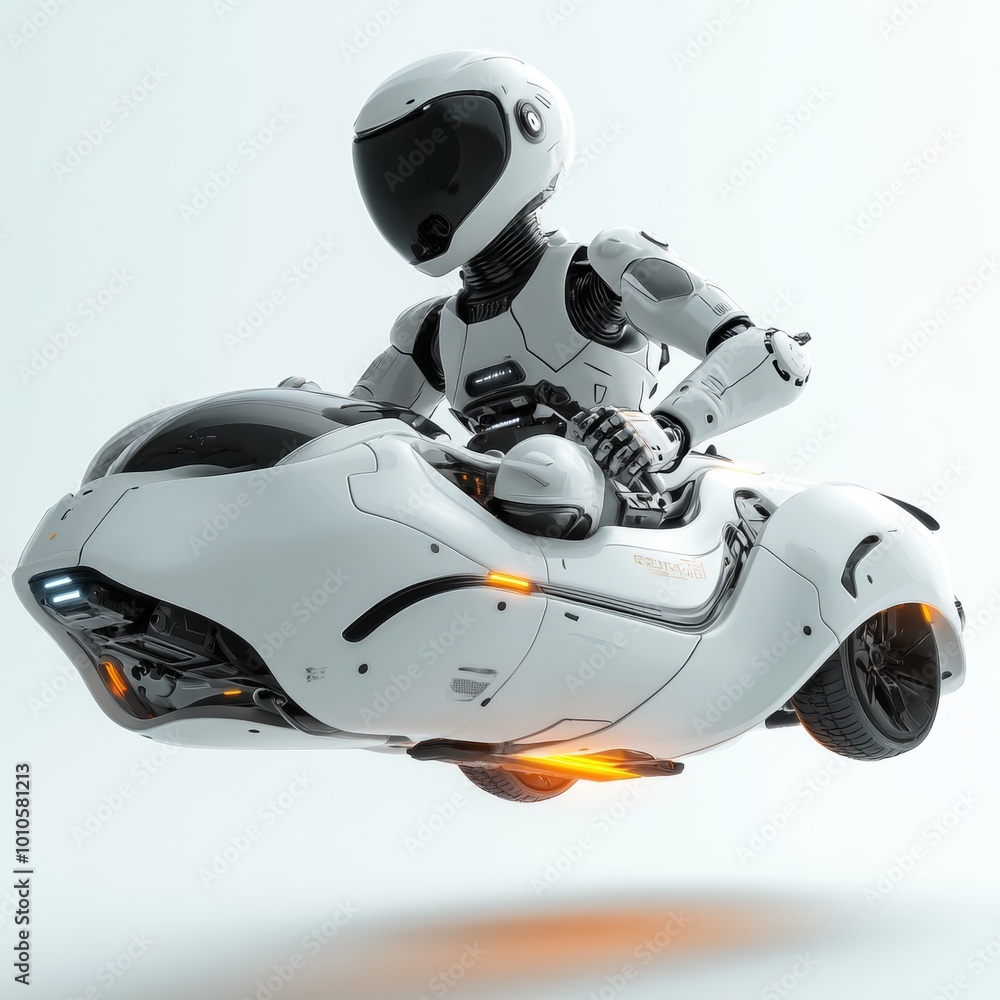 Futuristic Robot Riding White Hoverbike Futuristic Robot Riding White Hoverbike