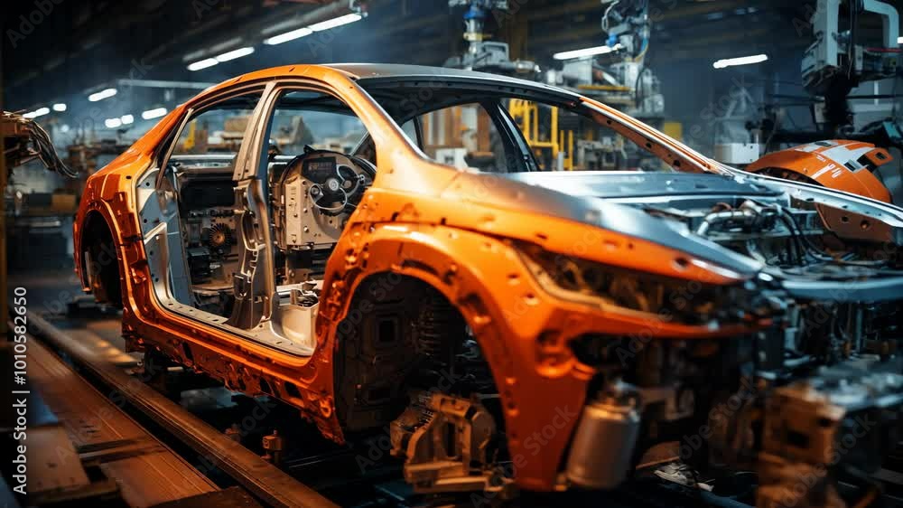 Manufacturing process of a car body in an assembly line at a factory Manufacturing process of a car body in an assembly line at a factory