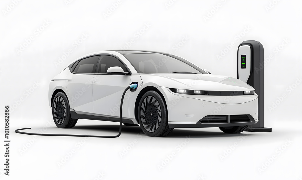 Image of electric car and charging station. EV Car technology for present and future modern on white background with copy space, Generative ai Image of electric car and charging station. EV Car technology for present and future modern on white background with copy space, Generative ai