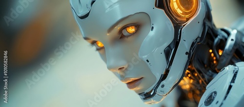 Close-up of a female humanoid robot's face with glowing eyes.