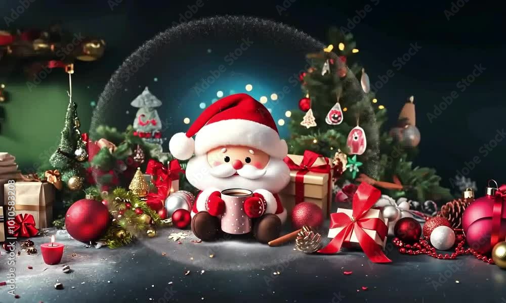 Petite poupée du Père Noël en feutrine avec une tasse à la main, dans un décor festif de fin d'année illuminé Petite poupée du Père Noël en feutrine avec une tasse à la main, dans un décor festif de fin d'année illuminé
