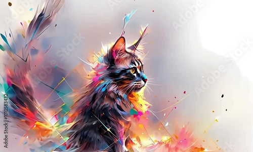 zoom et dézoom sur une peinture au couteau en relief et très colorée d’un chat, qui bouge son oreille et la remet en place photo