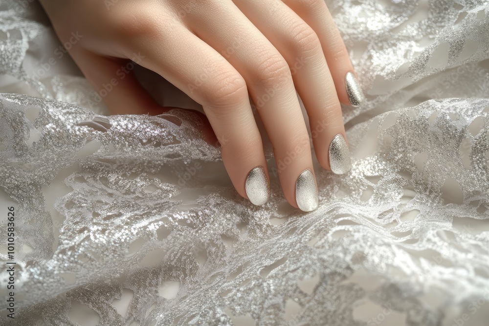 Female hand with silver nail design. Glitter silver nail polish manicure. Model hand with perfect manicure hold white lace fabric on white background. with generative ai Female hand with silver nail design. Glitter silver nail polish manicure. Model hand with perfect manicure hold white lace fabric on white background. with generative ai