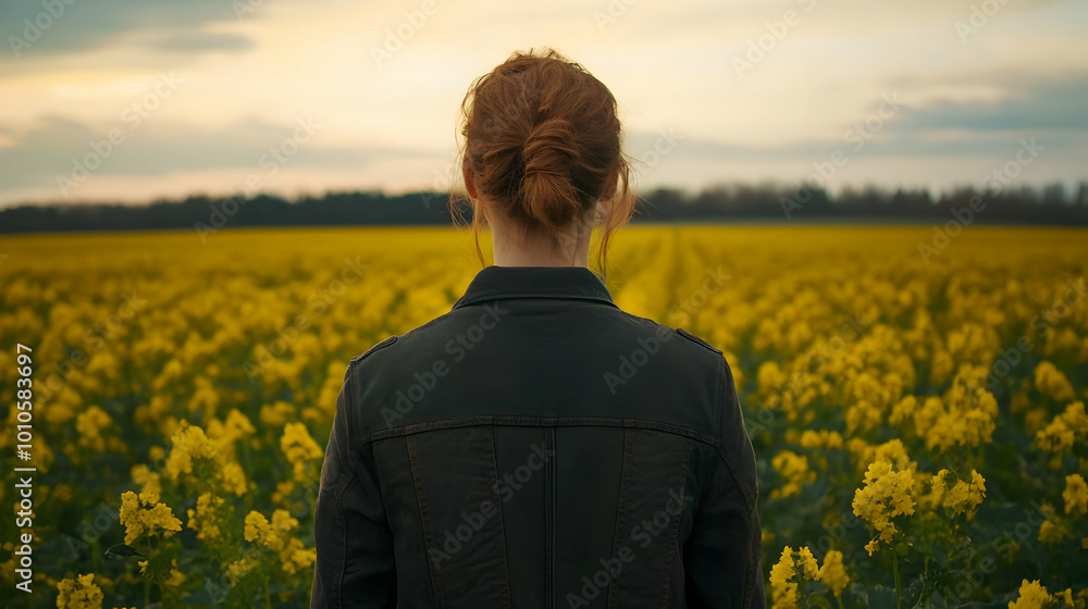 Woman Standing in a Field of Yellow Flowers Woman Standing in a Field of Yellow Flowers