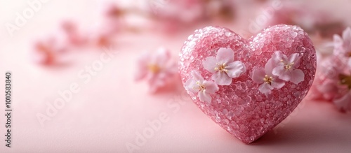 Pink heart-shaped object with white flowers on a pink background.