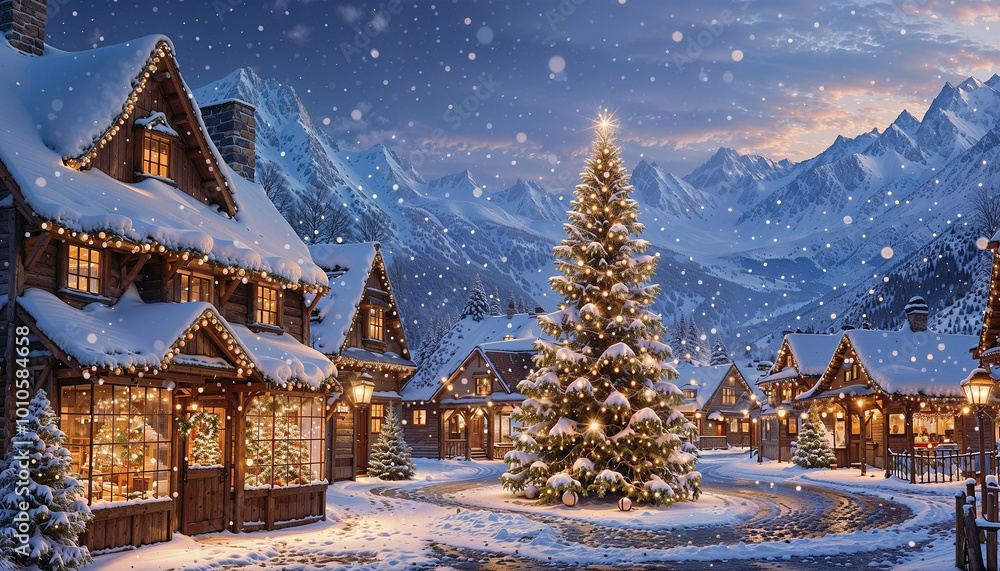 Christmas and New Year holidays background with fir tree and wooden houses in snowy mountains