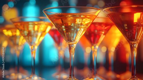 Closeup of Martini Glasses with Colorful Bokeh Background - Realistic 3D Render