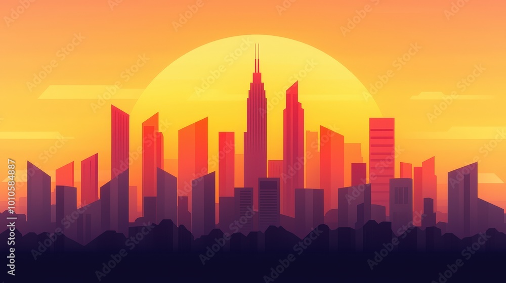 Obraz premium Sunset Cityscape Silhouette Modern Architecture Urban Skyline Minimalist Art