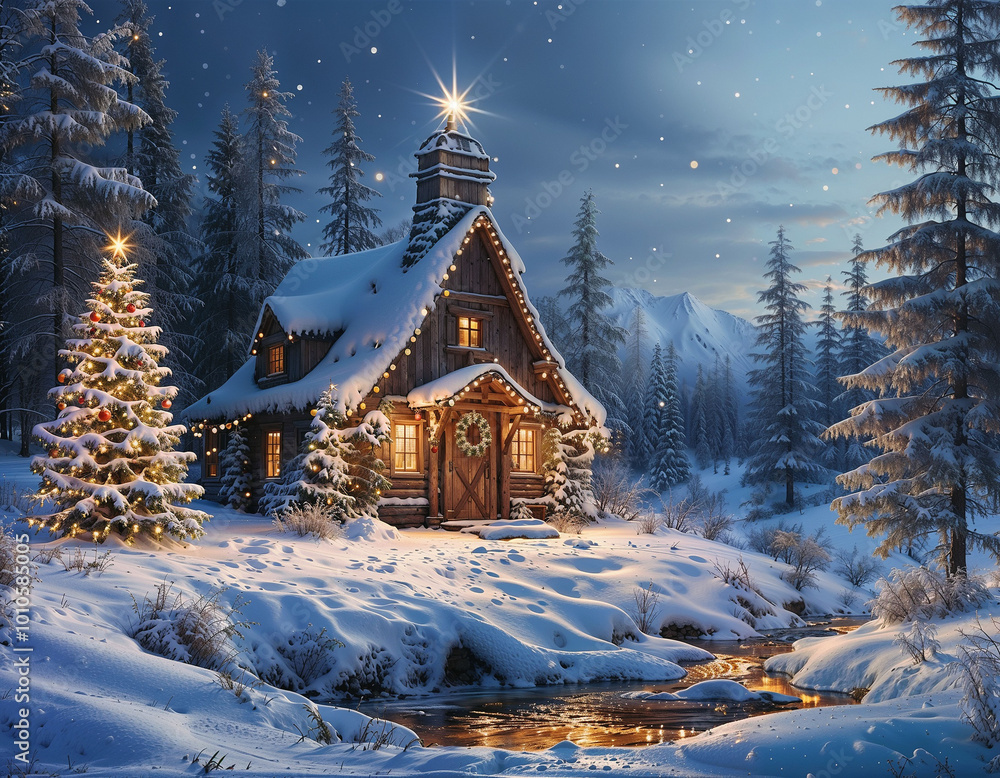 Wooden house in the mountains at night. Beautiful New Year landscape. Wooden house in the mountains at night. Beautiful New Year landscape.