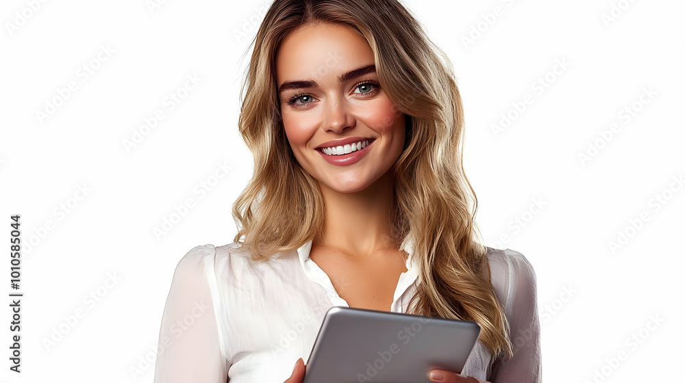 Smiling Woman Using a Tablet - Technology & Lifestyle Smiling Woman Using a Tablet - Technology & Lifestyle
