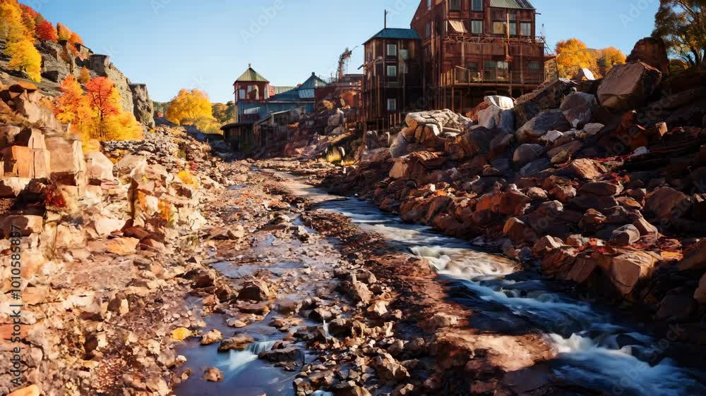 Scenic view of a dry riverbed and rustic buildings under a clear sky Scenic view of a dry riverbed and rustic buildings under a clear sky