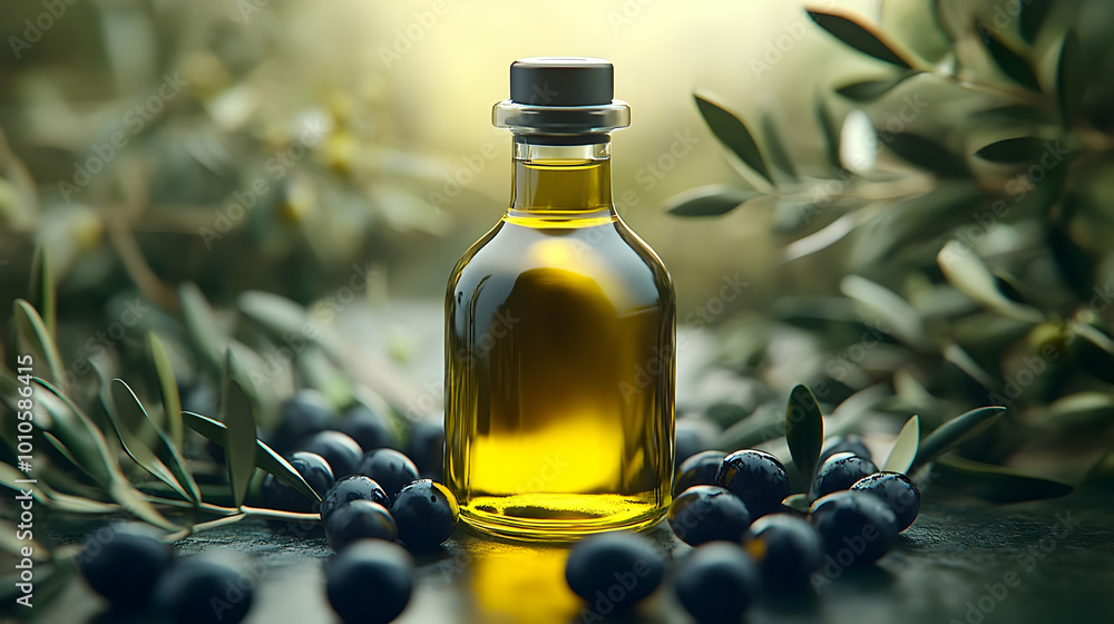 Olive Oil Bottle with Olives and Leaves - Realistic 3D Illustration Olive Oil Bottle with Olives and Leaves - Realistic 3D Illustration