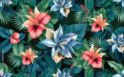 A tropical flower pattern for tranquil spaces, Bloom Bliss is a radiant floral background celebrating tropical elegance in photos and illustrations.