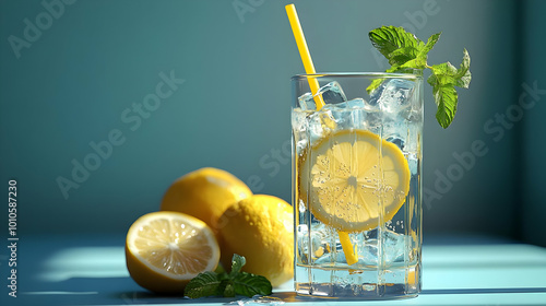 Refreshing Summer Drink with Lemon and Mint - 3D Illustration photo