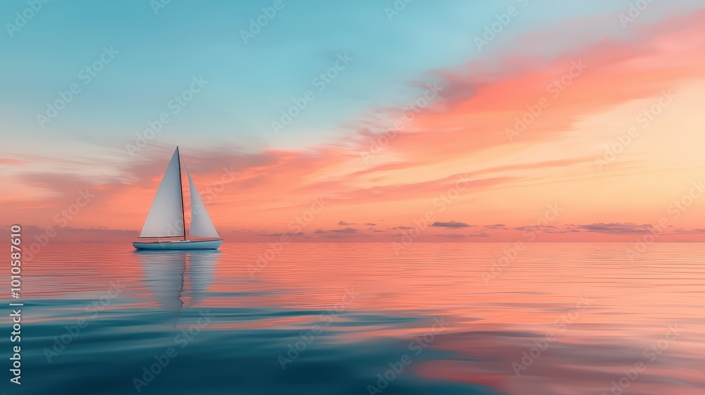 Fototapeta premium Sailboat at Sunset on Calm Ocean Waters Tranquil Seascape Photography