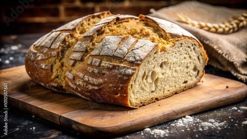 A rustic sourdough loaf of bread sliced on a wooden cutting board with wheat stalks and a burlap sack in the background.