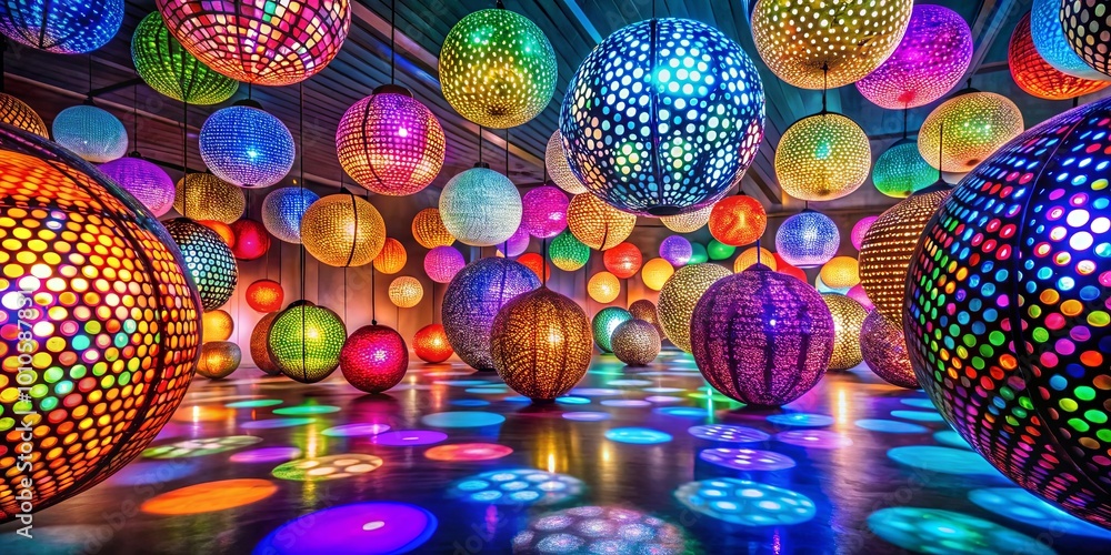 Obraz premium A dazzling display of illuminated spheres hanging from the ceiling casts vibrant circular shadows on the floor, creating a mesmerizing spectacle of color and light.