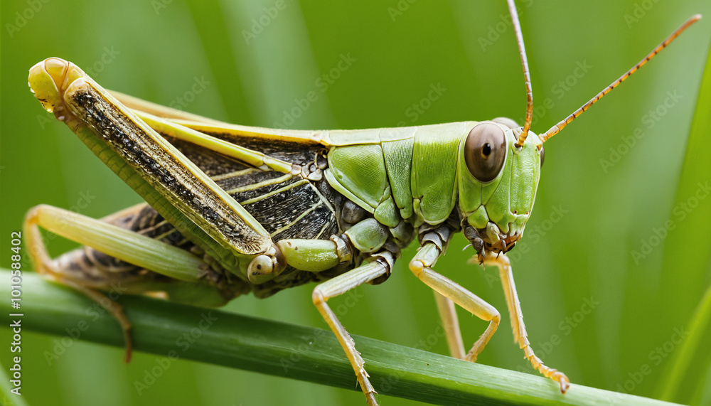 Extreme close-up of a grasshopper perched on a blade of grass, capturing the fine details of its legs and the texture of the grass beneath it. Extreme close-up of a grasshopper perched on a blade of grass, capturing the fine details of its legs and the texture of the grass beneath it.