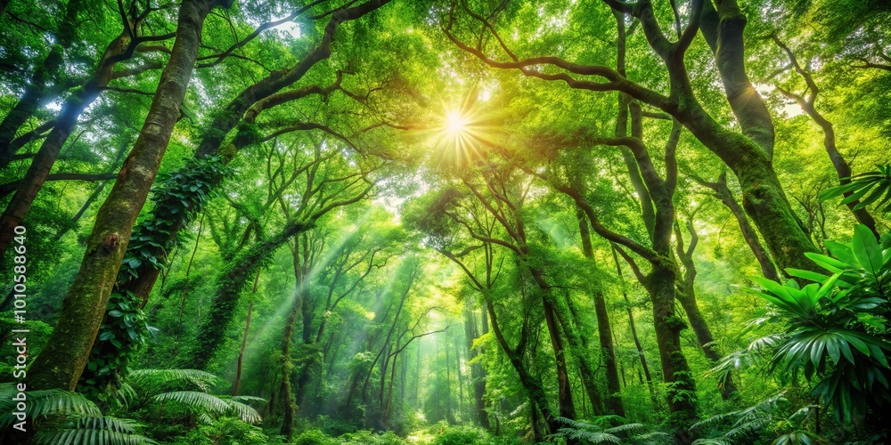 Sunlight Illuminates a Lush Canopy of Intertwined Trees, Casting Beams of Light Through the Dense Foliage Sunlight Illuminates a Lush Canopy of Intertwined Trees, Casting Beams of Light Through the Dense Foliage