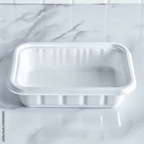 Empty White Rectangular Plastic Food Container with Lid photo