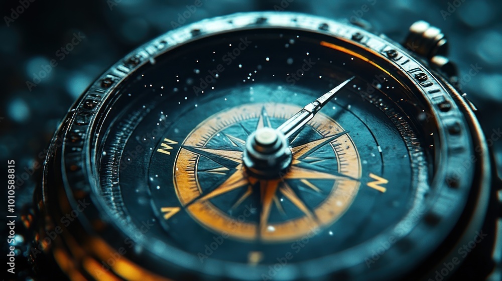 A close-up of a compass with a vintage design and water droplets. A close-up of a compass with a vintage design and water droplets.