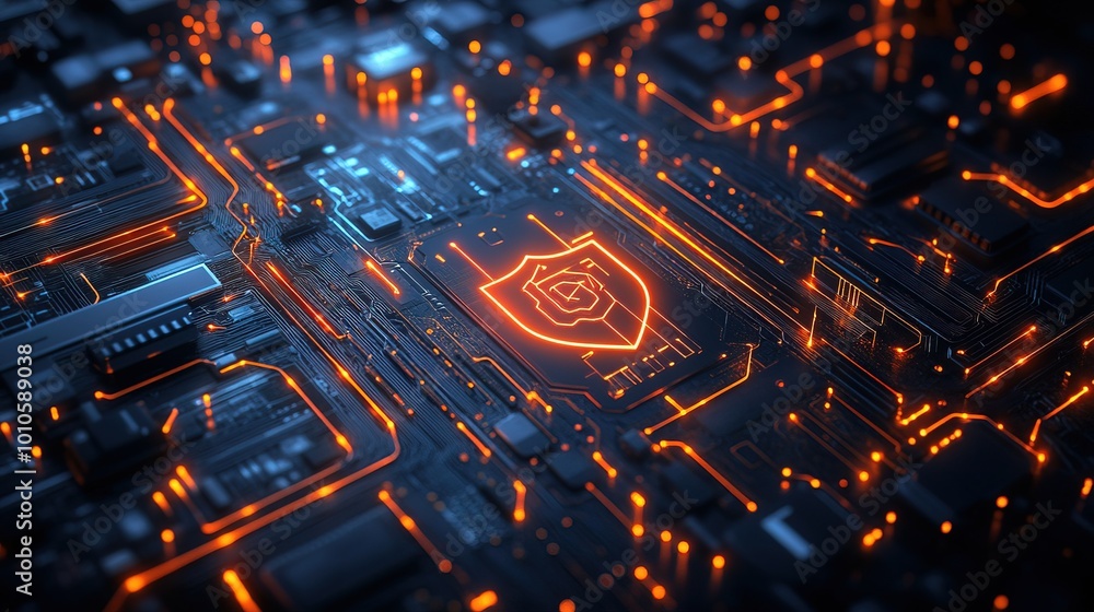 An abstract technology circuit board background with shield symbols An abstract technology circuit board background with shield symbols