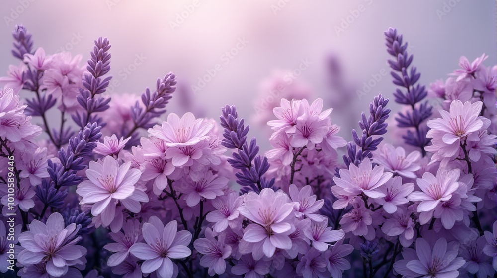 Obraz premium Dense Floral Arrangement Flowers of Lavender and Lilacs, in Shades of Purple