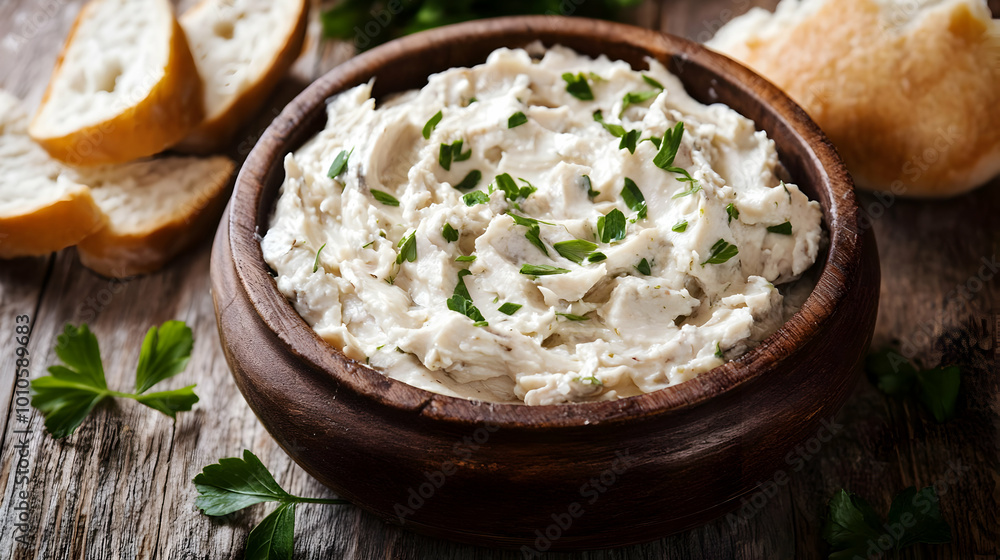 Creamy White Dip with Parsley in Wooden Bowl Creamy White Dip with Parsley in Wooden Bowl