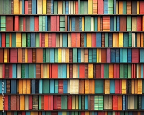 Background pattern made of colorful books in a bookcase layout, seamlessly repeated for a visually appealing and dynamic design