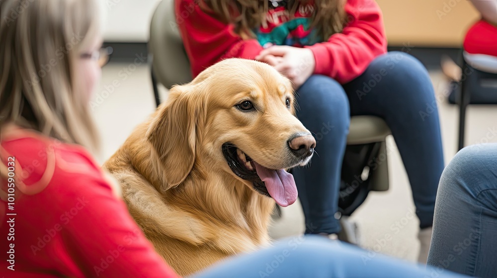 Golden Retriever Dog with Tongue Out, Sitting Near People Golden Retriever Dog with Tongue Out, Sitting Near People