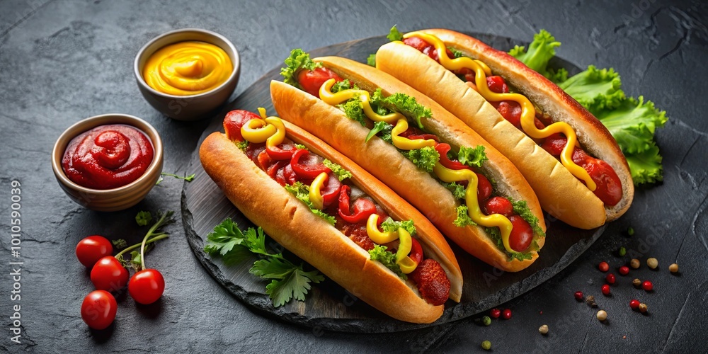 A trio of classic hot dogs, nestled in soft buns, adorned with vibrant mustard, ketchup, and a touch of fresh green lettuce, ready to tantalize taste buds. A trio of classic hot dogs, nestled in soft buns, adorned with vibrant mustard, ketchup, and a touch of fresh green lettuce, ready to tantalize taste buds.