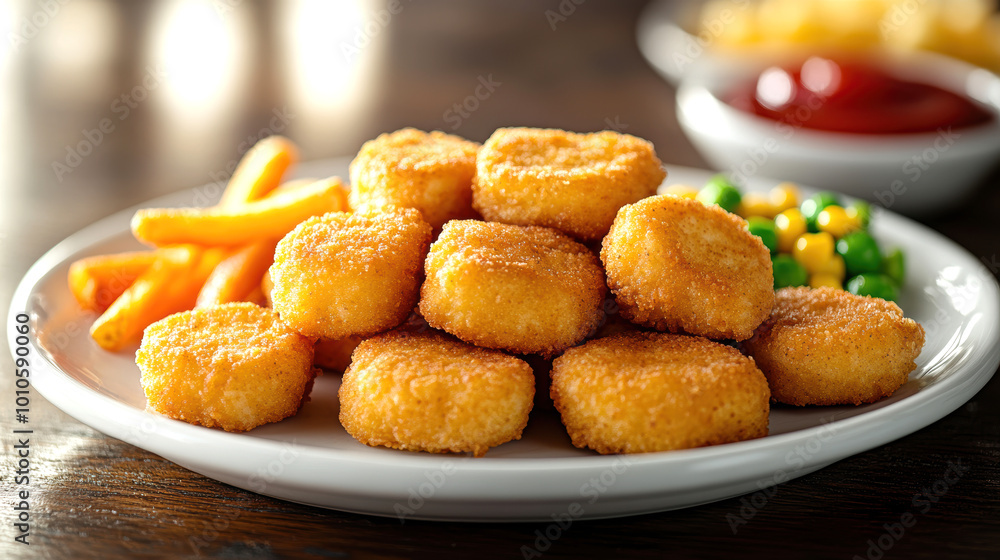 chicken nuggets and frenchfries with small white plate of ketchup and small amount of peas carrot and corn. AI generative. chicken nuggets and frenchfries with small white plate of ketchup and small amount of peas carrot and corn. AI generative.