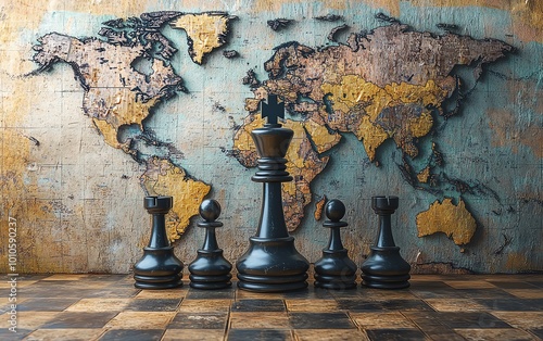 Geopolitical concept art with chess pieces on a global map, showcasing strategic discussions and movements across countries and continents photo