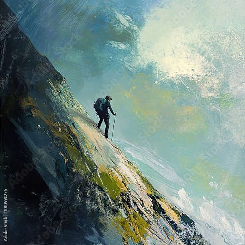 Hiker Ascending a Mountain Peak - Inspiring Landscape Painting