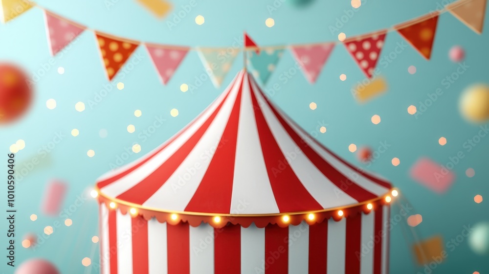 Festive Circus Tent with Red and White Stripes Colorful Pennants and Twinkling Lights Festive Circus Tent with Red and White Stripes Colorful Pennants and Twinkling Lights